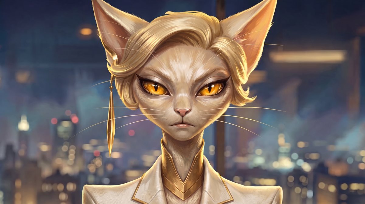 Anora: a cream-furred cat with swept blonde hair, amber eyes and a long gold earring, in an ivory and gold collar against night-city lights